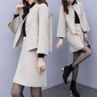 Set: 3/4-sleeve Snap-button Knit Jacket + High Waist A-line Skirt