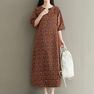 Print Elbow-sleeve Midi Corduroy Dress