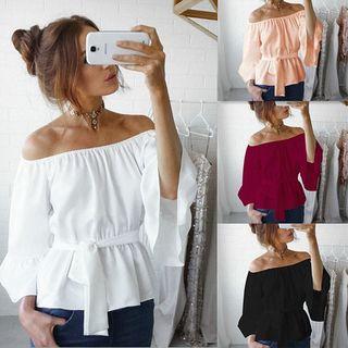 Off-shoulder Tie-waist Chiffon Blouse
