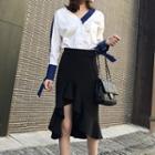 V-neck Color Block Shirt / Ruffle Trim Midi Skirt
