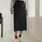 Frayed Seam-trim Long Denim Skirt