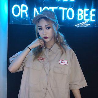 Short-sleeve Embroidered Shirt Khaki - One Size