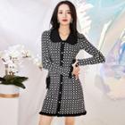 Plaid Long-sleeve Knit Collared A-line Dress