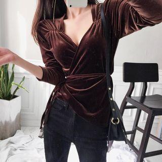 Shirred-trim Velvet Wrap Top