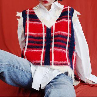 Balloon-sleeve Shirt / Plaid V-neck Ripped Knit Vest