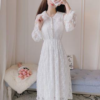 Long-sleeve Midi Lace A-line Dress White - One Size