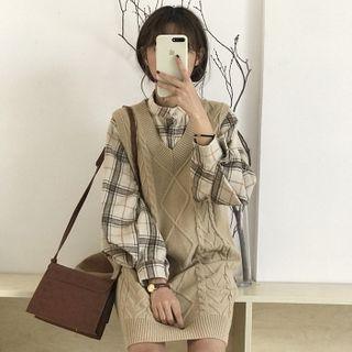 Plaid Shirt / Cable-knit Overall Dress