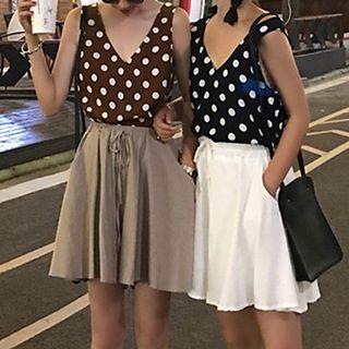 V-neck Dotted Tank Top / High Waist Drawstring Shorts
