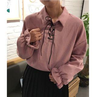 Long-sleeve Lace-up Placket Top