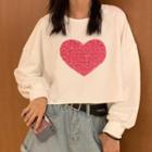 Embroidered Heart Cropped Sweatshirt White - One Size