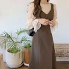 Long-sleeve Blouse / Midi A-line Overall Dress / Set