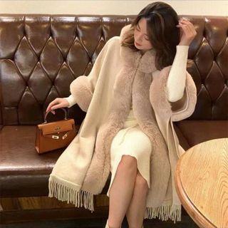 Fluffy Trim Fringed Knit Cape Almond - One Size