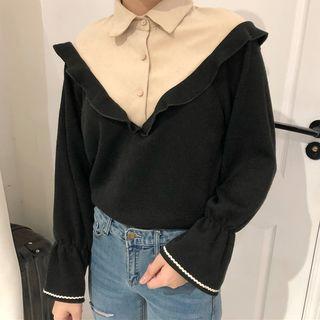 Ruffled Mock Two-piece Long-sleeve Top