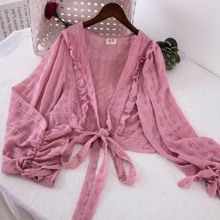 Plaid Ruffle Trim Tie-front Light Jacket