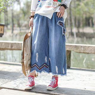 Cropped Embroidered Wide-leg Jeans