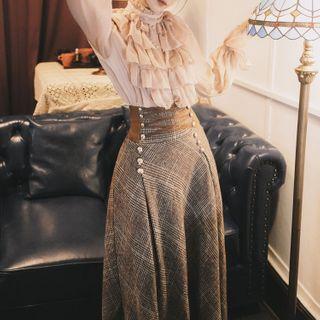 Frill Trim Top / Plaid Maxi Skirt