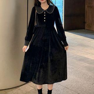 Long-sleeve Doll-collar Midi A-line Dress Black - One Size