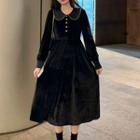 Long-sleeve Doll-collar Midi A-line Dress Black - One Size
