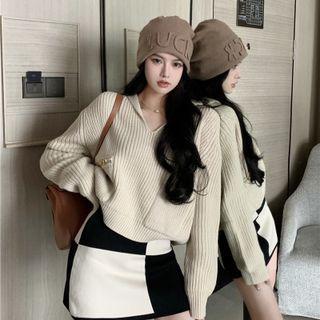 Plain Sweater / Checkerboard Knit Mini Pencil Skirt