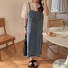 Set : Short-sleeve Round-neck Top + Suspender Denim Dress