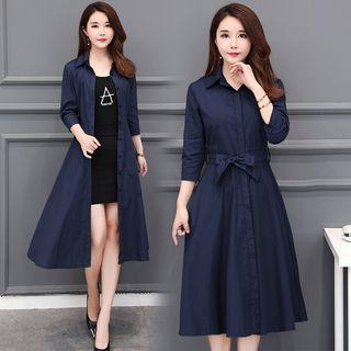 3/4-sleeve Tie-waist Midi A-line Shirtdress