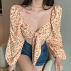 Balloon-sleeve Floral Print Cropped Blouse Floral - Yellow - One Size