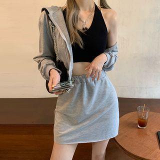 Halter Neck Top / Zip Hoodie / Mini A-line Skirt / Set