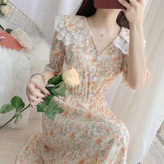 Elbow-sleeve Collar Print Midi A-line Dress