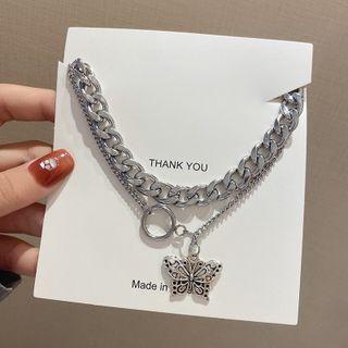 Butterfly Pendant Layered Chunky Chain Stainless Steel Choker X708 - Silver - One Size