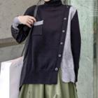 Turtleneck Knit Panel Asymmetrical Top Black - One Size