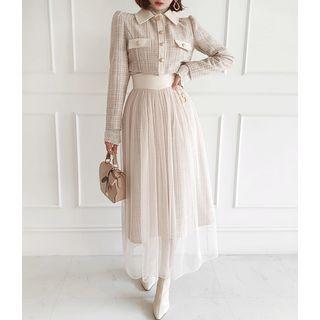 Pleather-detail Tweed Jacket & Tulle Skirt Set