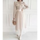 Pleather-detail Tweed Jacket & Tulle Skirt Set