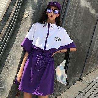 Elbow-sleeve Embroidered Drawstring Waist Dress