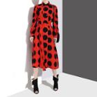 Long-sleeve Dotted A-line Midi Shirt Dress Red - One Size