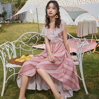 Spaghetti Strap Mesh Ruffle Patterned Midi Sundress