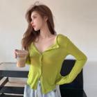 Long-sleeve Plain Single-breasted Cardigan Green - One Size