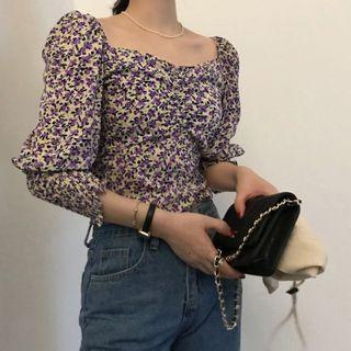 Floral Print Lantern-sleeve Blouse Purple - One Size