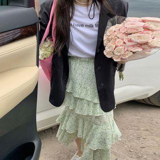 Elbow-sleeve Lettering Print T-shirt / Floral Print Tiered Midi A-line Skirt
