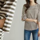 Buttoned 3/4-sleeve Cotton Stripe T-shirt