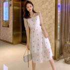 Star Print Fringed Short-sleeve Midi A-line Dress