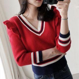 Long-sleeved V-neck Knitted Sweater