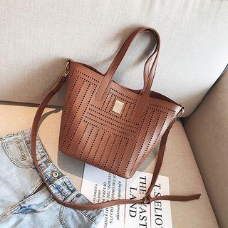 Set: Perforated Faux-leather Shoulder Bag + Drawstring Pouch