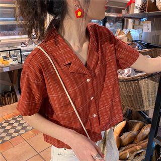 Short-sleeve Checker Shirt Orange - One Size