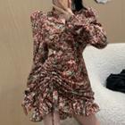 Long-sleeve Floral Print Drawstring Mini Sheath Dress Brown - One Size