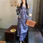 Long-sleeve Off-shoulder Floral Print Midi A-line Dress Floral - Grayish Blue - One Size