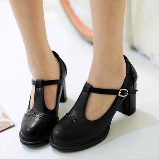 Brogue Chunky Heel T-bar Pumps