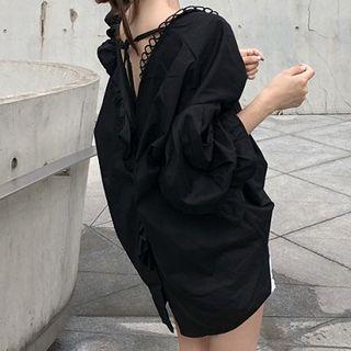 Oversized 3/4-sleeve Ruffle-trim Shirt Black - One Size