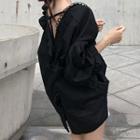Oversized 3/4-sleeve Ruffle-trim Shirt Black - One Size