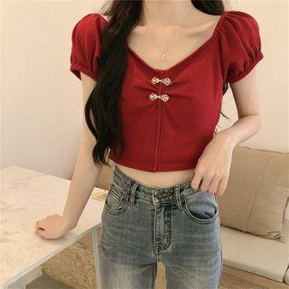 Puff-sleeve Frog Buttoned Top