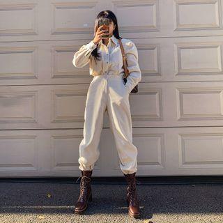 Set: Puff-sleeve Corduroy Shirt + Wide-leg Pants